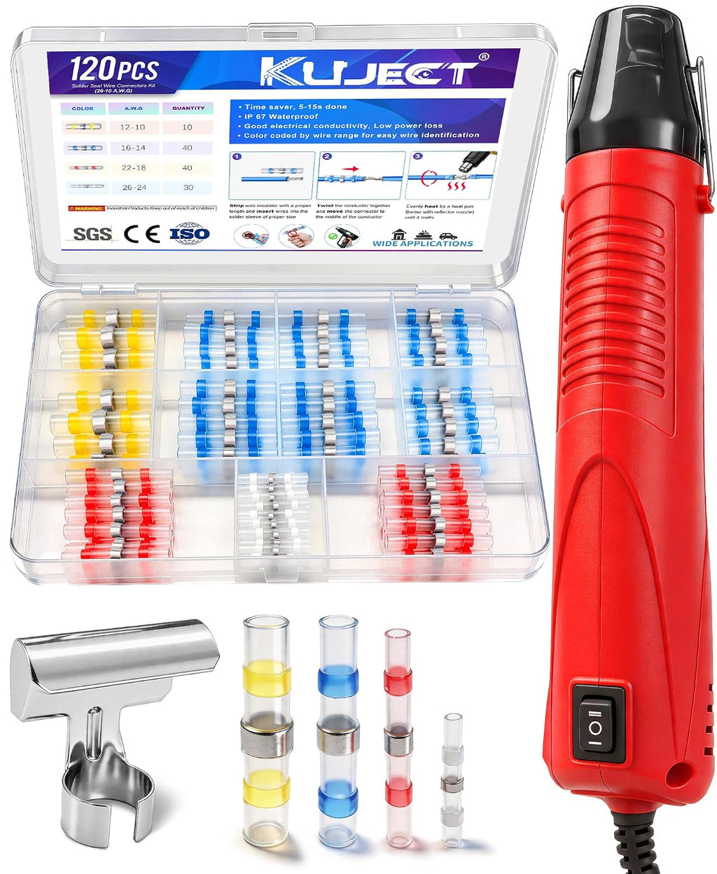 Kuject Mini pistola de calor, kit de conectores de alambre de sellado de soldadura, pistola de calor de doble temperatura de 350 W para tubos retráctiles, kit de reparación de alambre termorretráctil