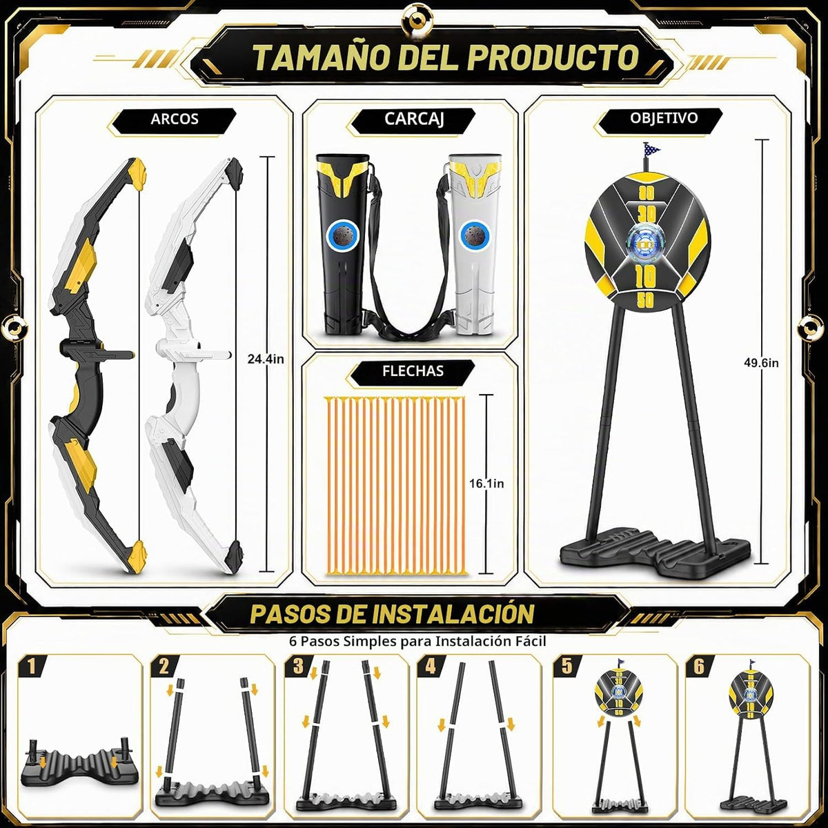 TIGTECGAME - Paquete de 2 arcos y flechas para niños con objetivo desplegable de pie, juego de tiro con arco con luz LED, 20 flechas de ventosa y 2 carcajes, juguetes para interiores y exteriores y