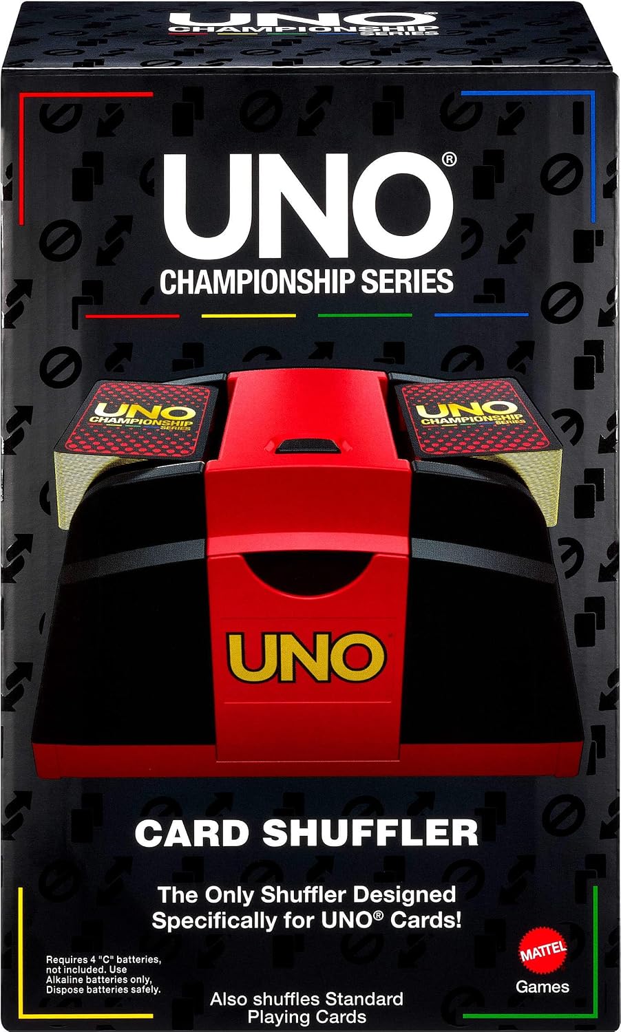 Mattel Games UNO Championship Series - Barajador de cartas para tarjetas UNO y compatible con barajas estándar, pulsador y baraja hasta 224 cartas