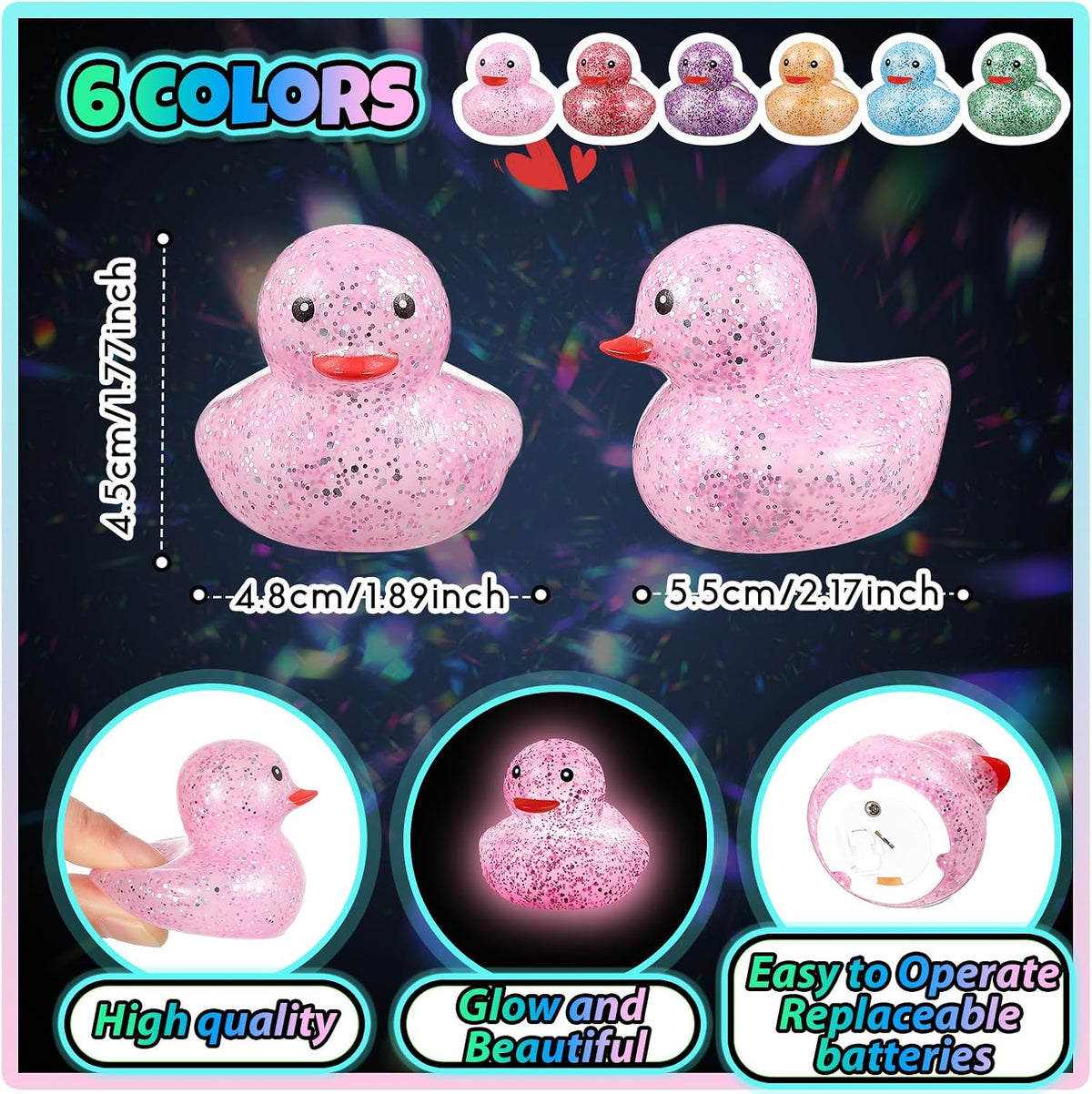 Deekin - 24 patos de goma con luz LED a granel de 2 pulgadas que brillan en la oscuridad, fresco