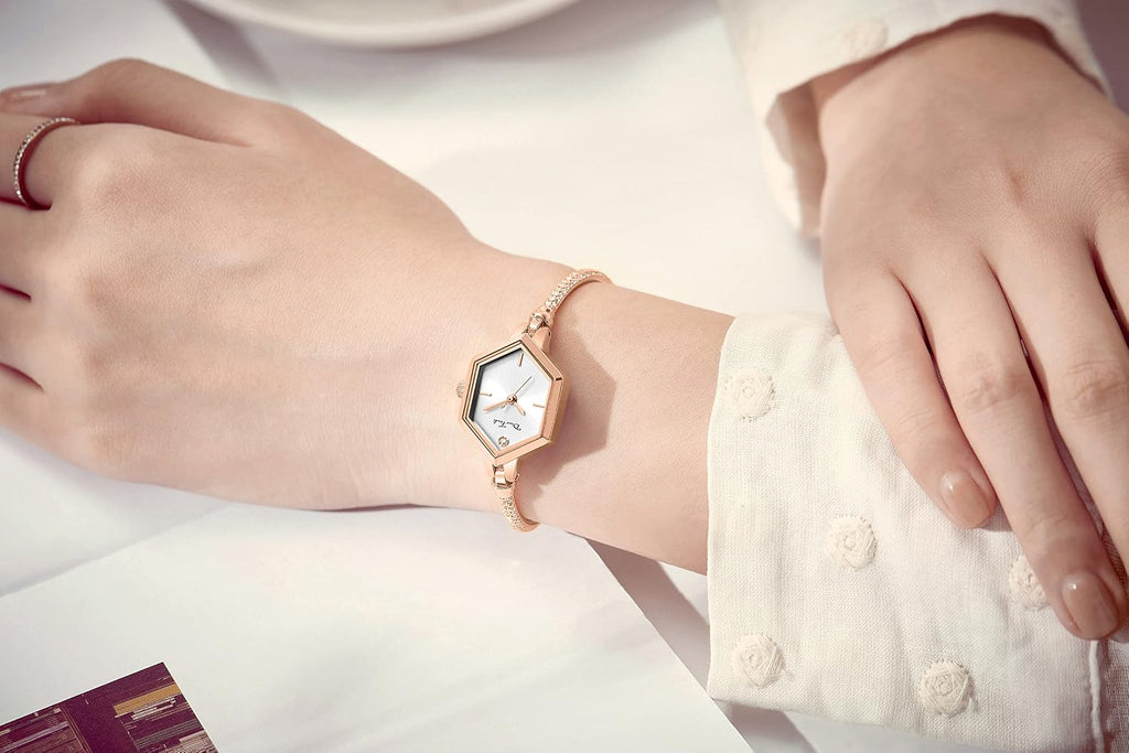 Reloj de pulsera pequeño de oro rosa para mujer, reloj de diamante analógico hexagonal de vestir, mini reloj impermeable para mujer