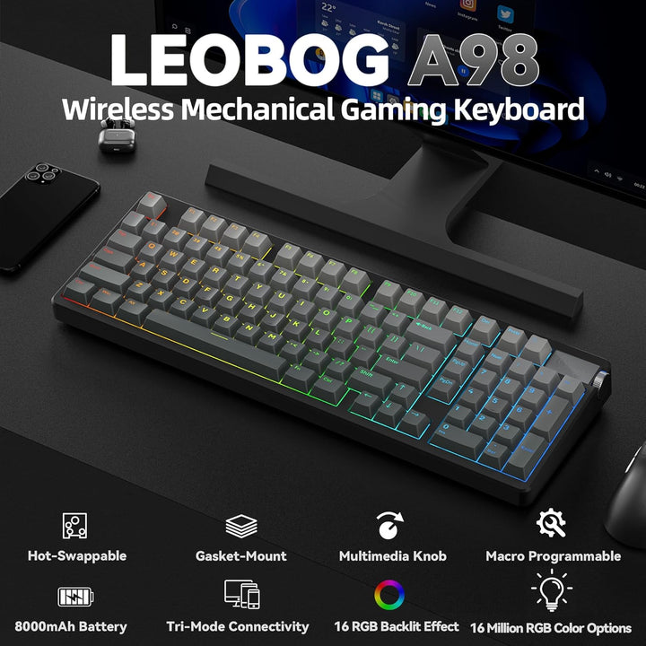 LEOBOG Teclado mecánico inalámbrico A98, Tri-Mode BT5.0\/2.4GHz\/US...