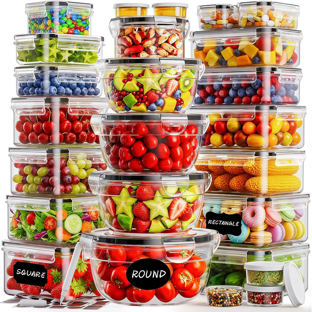 50 recipientes de almacenamiento de alimentos con tapas sin BPA (25