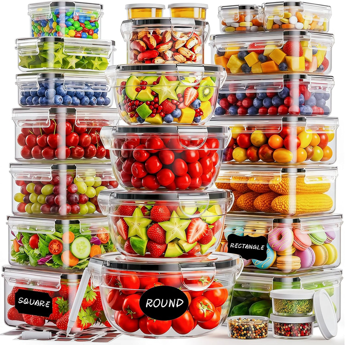 50 recipientes de almacenamiento de alimentos con tapas sin BPA (25