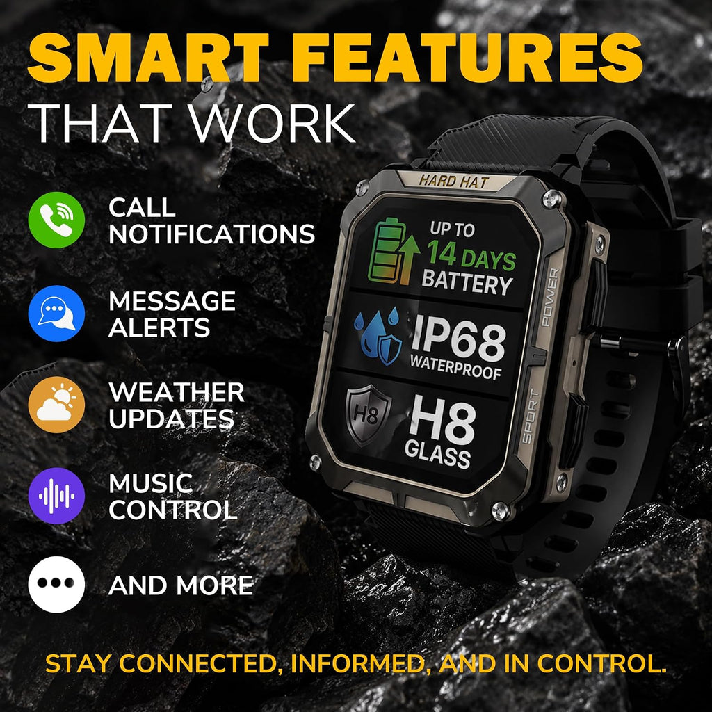Reloj inteligente resistente para hombre, reloj inteligente original, reloj inteligente impermeable para hombres de trabajo de construcción, con rastreadores de fitness, monitor de frecuencia cardíaca, IP68, podómetro, modos de entrenamiento y más