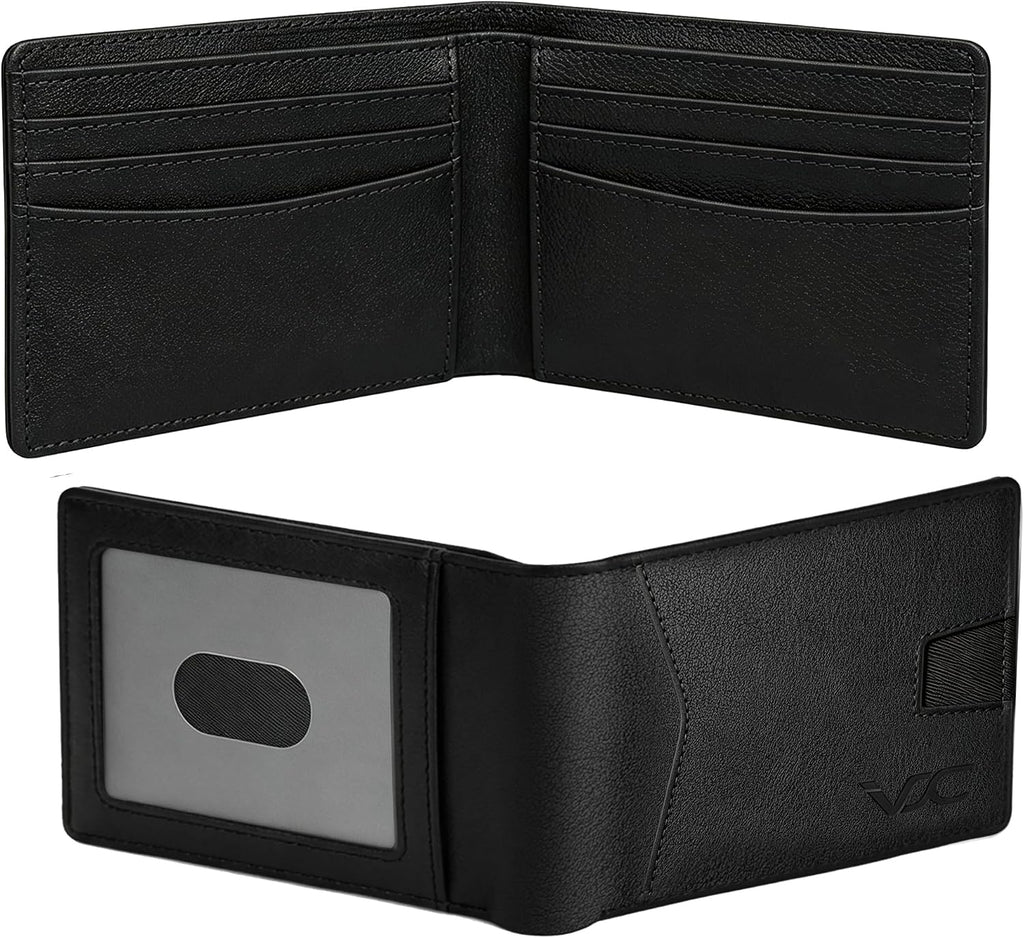 Billetera delgada y plegable para hombre, bolsillo frontal minimalista, cartera con bloqueo RFID con 1 ventana de identificación con muesca para el pulgar, 9 ranuras y bolsillo para