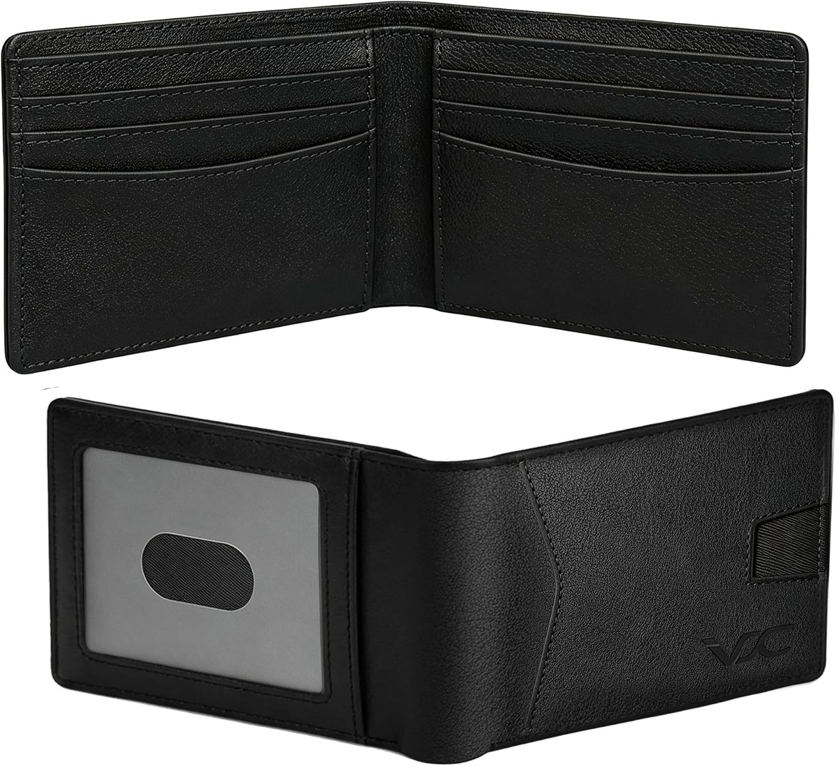 Billetera delgada y plegable para hombre, bolsillo frontal minimalista, cartera con bloqueo RFID con 1 ventana de identificación con muesca para el pulgar, 9 ranuras y bolsillo para