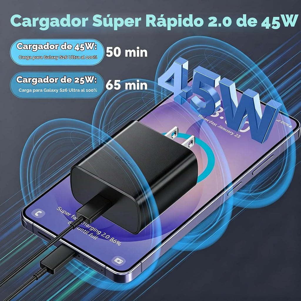 45W Super Fast USB C Android Tipo C Cargador de teléfono Cable de carga