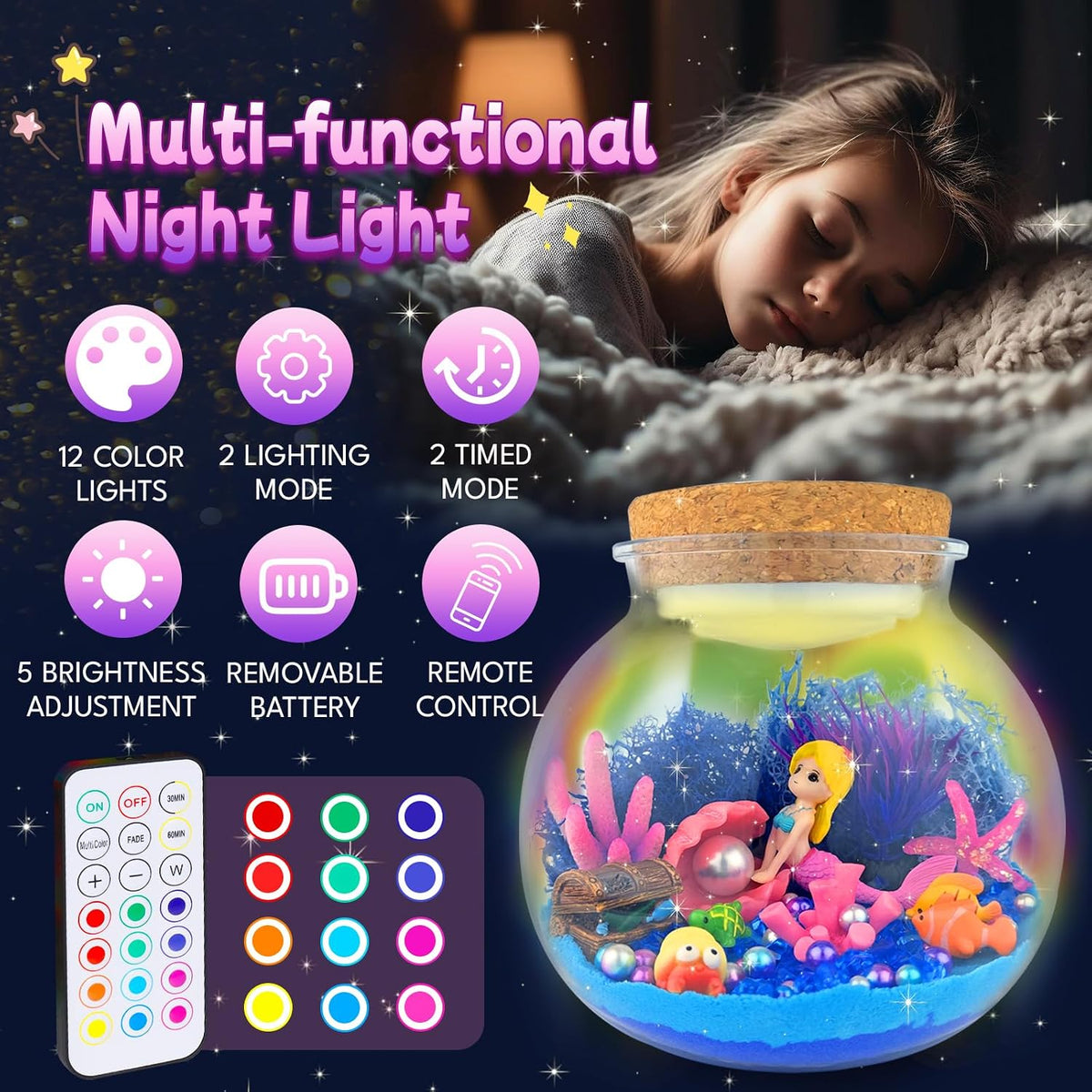 7july Terrario de sirena Kit de manualidades para niños - Luz nocturna LED y control remoto, regalo de cumpleaños de sirena para niñas de 5 6 7 8 9 10 11 12 años