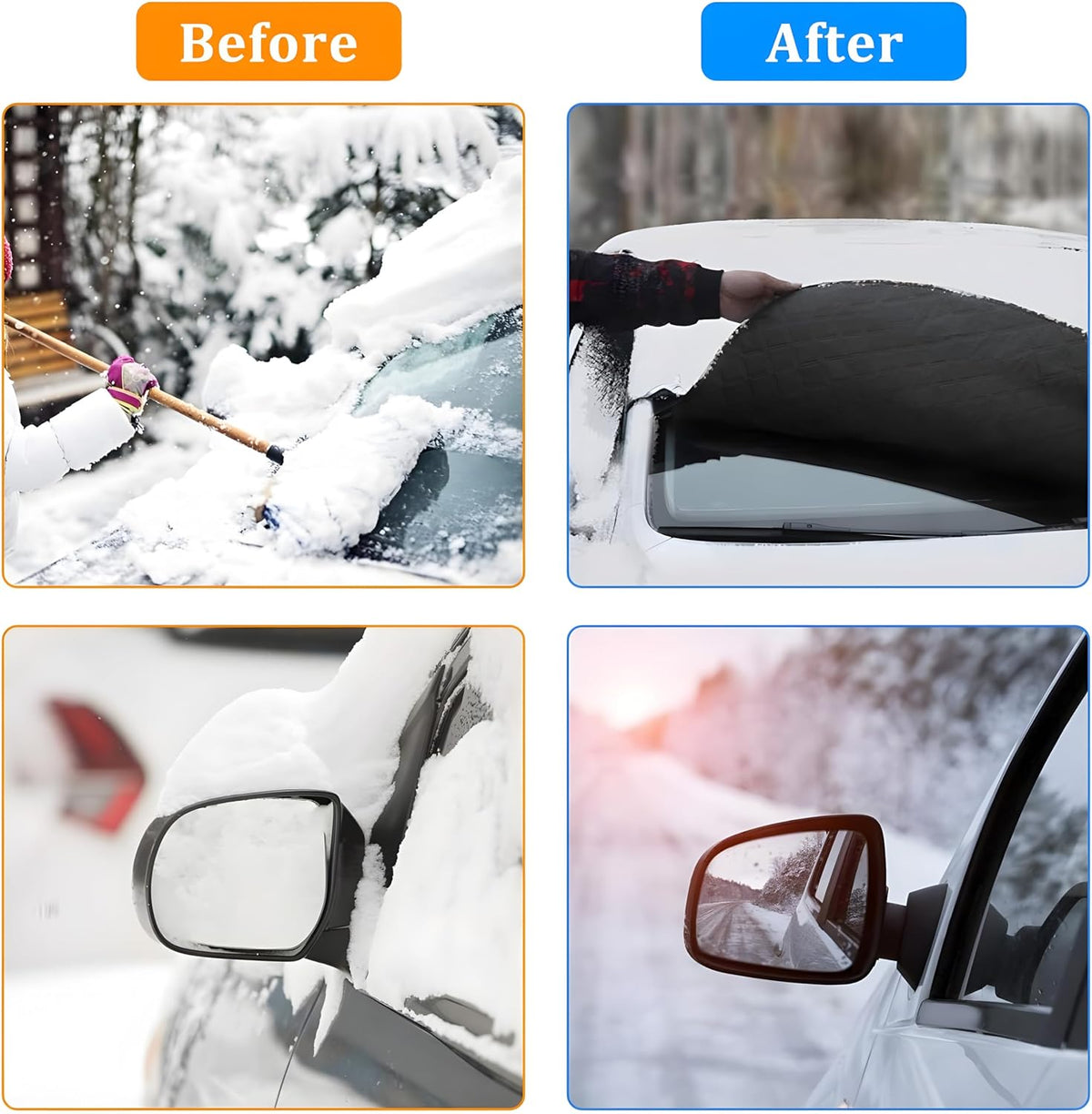 Protector contra nieve y hielo para parabrisas de automóvil, con bordes magnéticos, 4 capas de grosor, con cubiertas para espejos laterales, fácil de usar para coche, SUV, CRV y camionetas