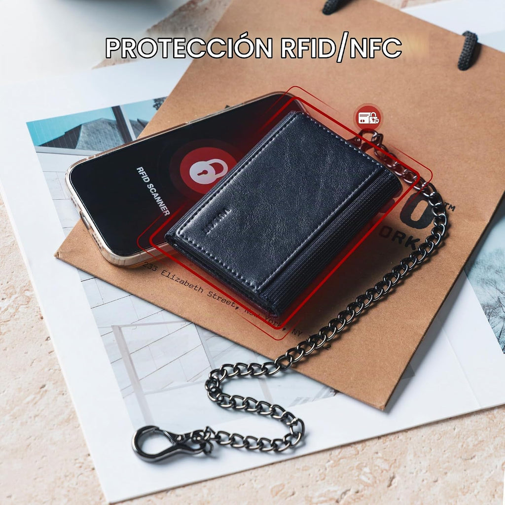 VULKIT Billetera para hombre con cadena antirrobo con bloqueo RFID, billetera triple plegable, diseño elegante, Azul marino, Cartera antirrobo