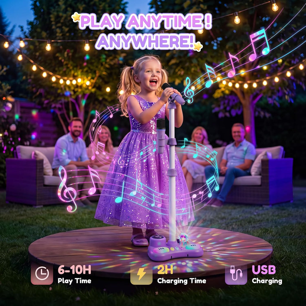 Máquina de karaoke con soporte para niños, micrófono de karaoke recargable con luz de discoteca y 2 micrófonos inalámbricos, juguetes de canto de Navidad, regalos de cumpleaños para niñas de 3, 4, 5