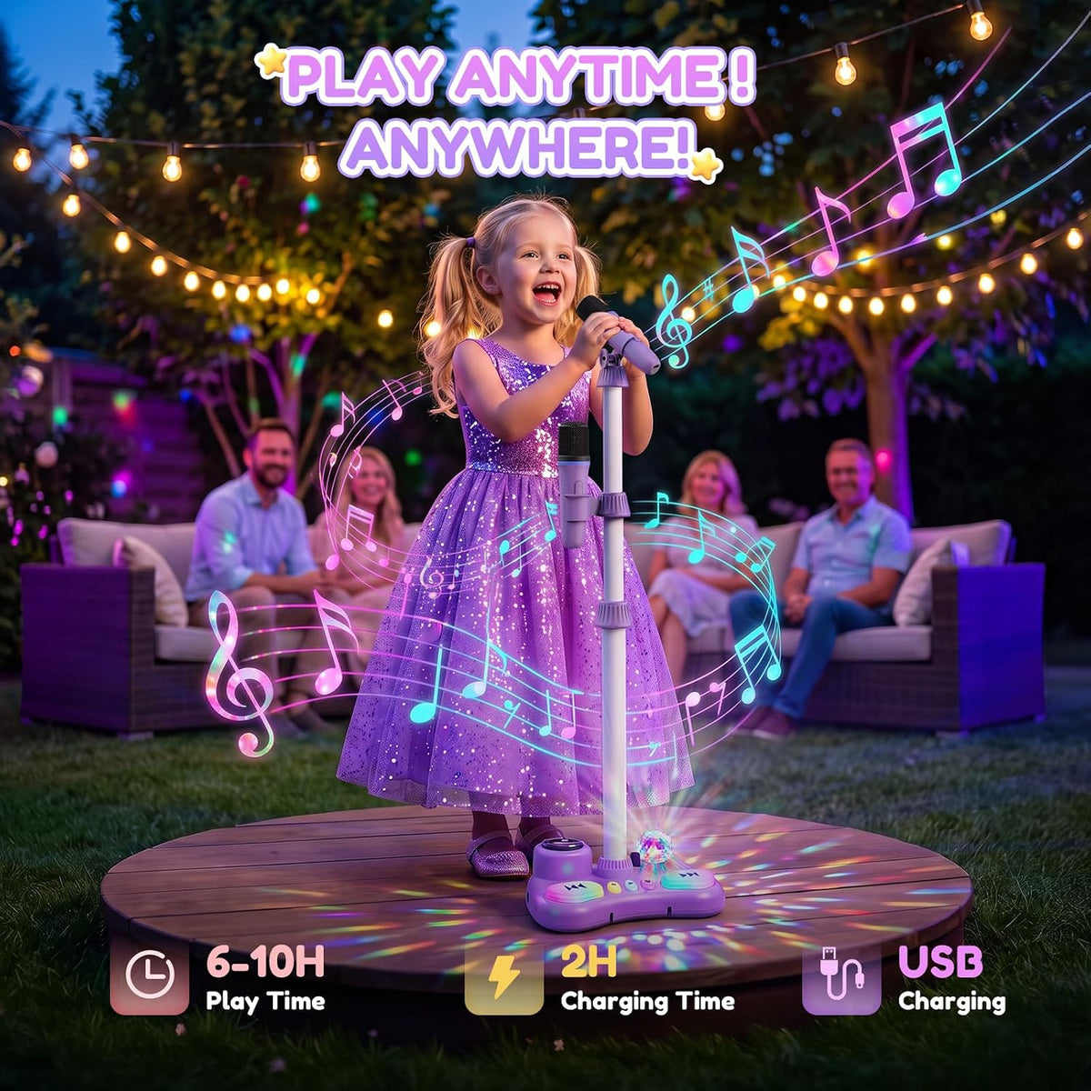 Máquina de karaoke con soporte para niños, micrófono de karaoke recargable con luz de discoteca y 2 micrófonos inalámbricos, juguetes de canto de Navidad, regalos de cumpleaños para niñas de 3, 4, 5