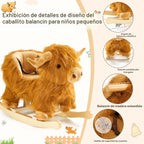 Caballo mecedora bebé, caballo de madera de ganado Highlander para niños de 1 año lindo vaca de peluche suave cabalgadura juguete mecedora animal para bebés niños y niñas regalo de guardería/niño