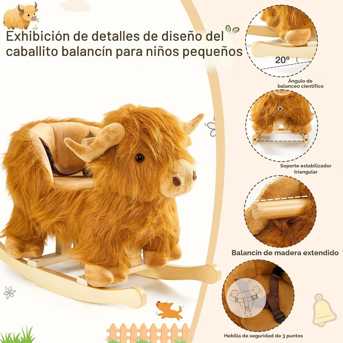Caballo mecedora bebé, caballo de madera de ganado Highlander para niños de 1 año lindo vaca de peluche suave cabalgadura juguete mecedora animal para bebés niños y niñas regalo de guardería/niño
