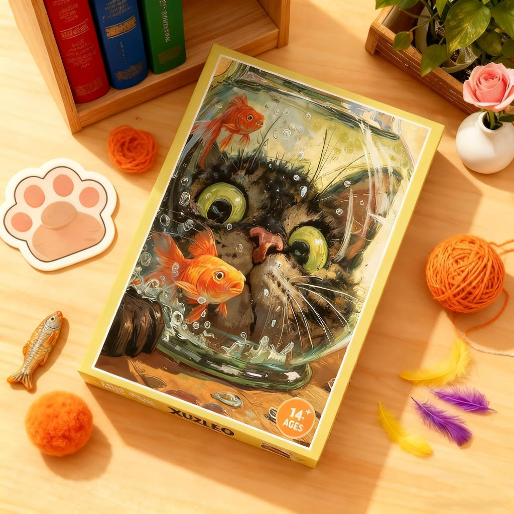 Rompecabezas de 1000 piezas de peces de gato curioso para adultos, desafiante y divertido arte de peces aterrorizados, acabado mate premium, 27.56 x 19.68 pulgadas, perfecto para noches de juego