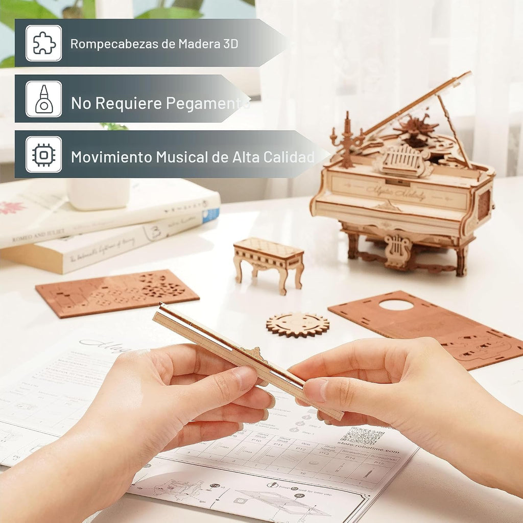 ROKR Rompecabezas de madera 3D para adultos, 223 piezas, kit de modelo de piano a escala 1:20, rompecabezas de construcción, caja de música de madera, regalo único para hombres, mujeres, pasatiempos