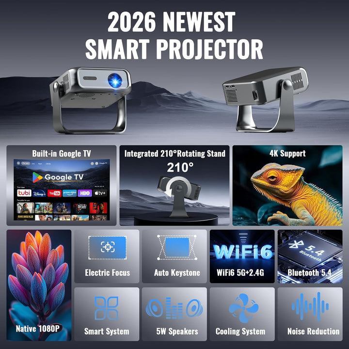 Proyector inteligente con WiFi6 y Bluetooth5.2, negro