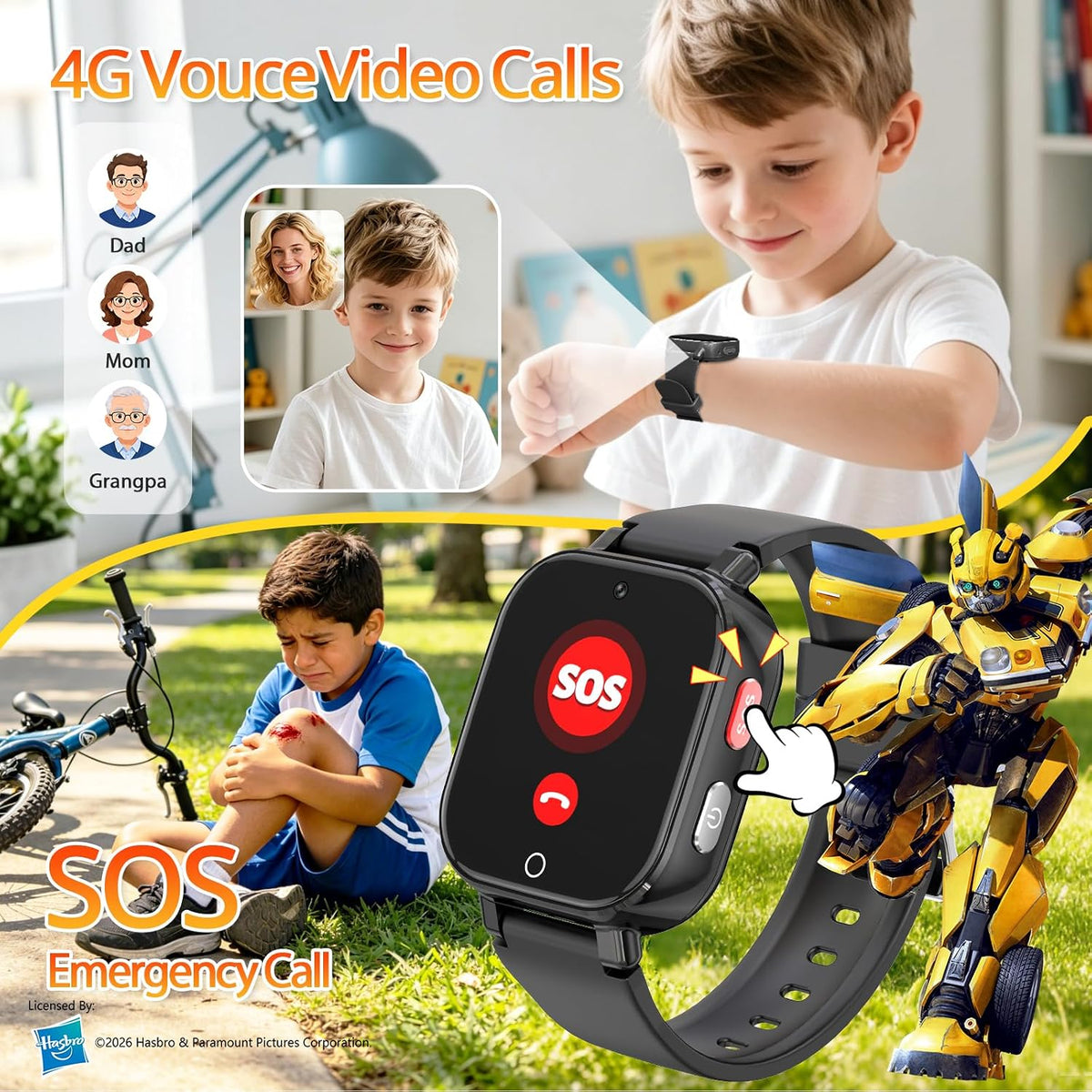 Reloj inteligente teléfono 4G para niños Transformers, GPS, videollamadas, resistente al agua - Negro