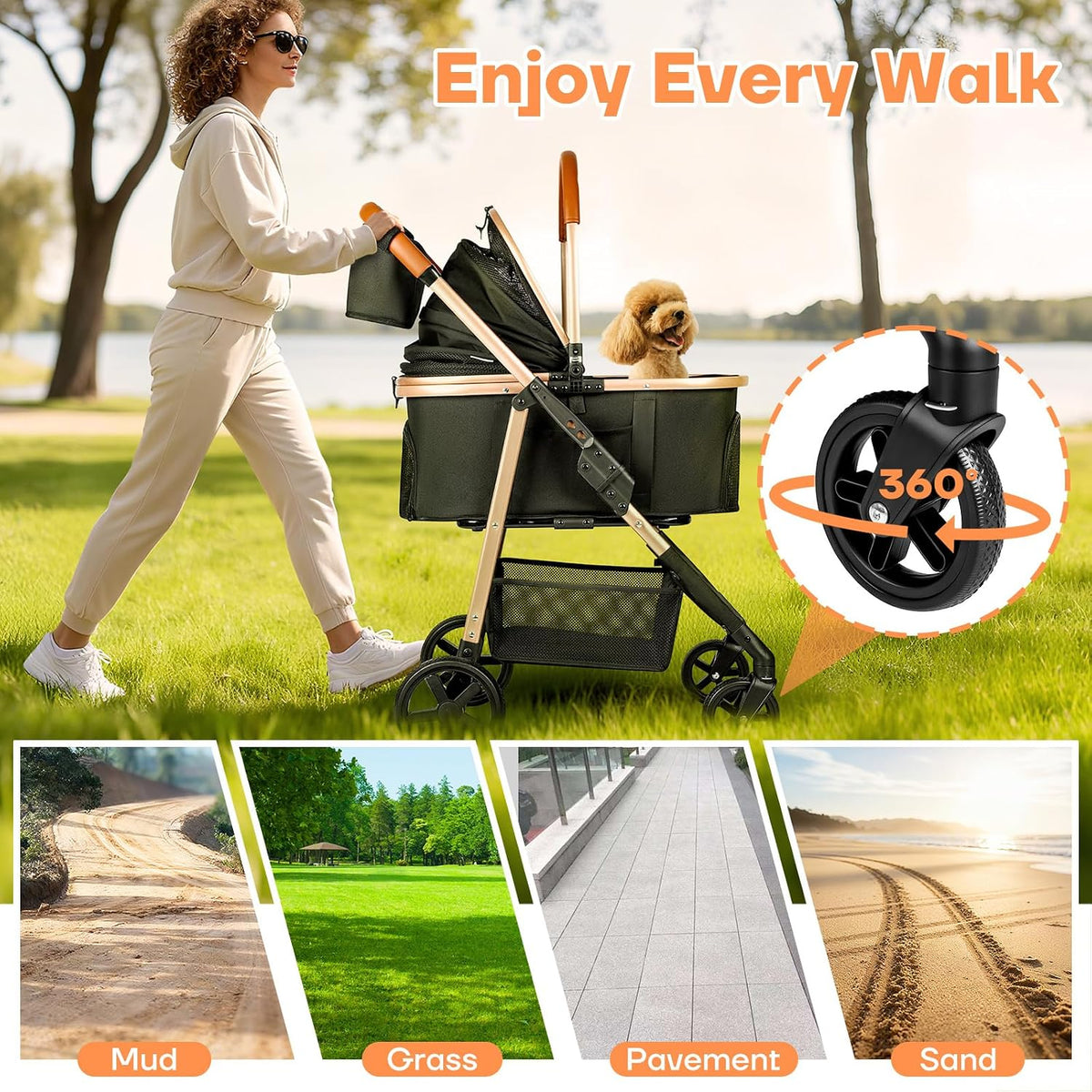 Cochecito para perros y gatos para mascotas pequeñas/medianas de hasta 50 libras, cochecito plegable 3 en 1 para mascotas con transportador desmontable, asiento de automóvil, canasta de almacenamiento