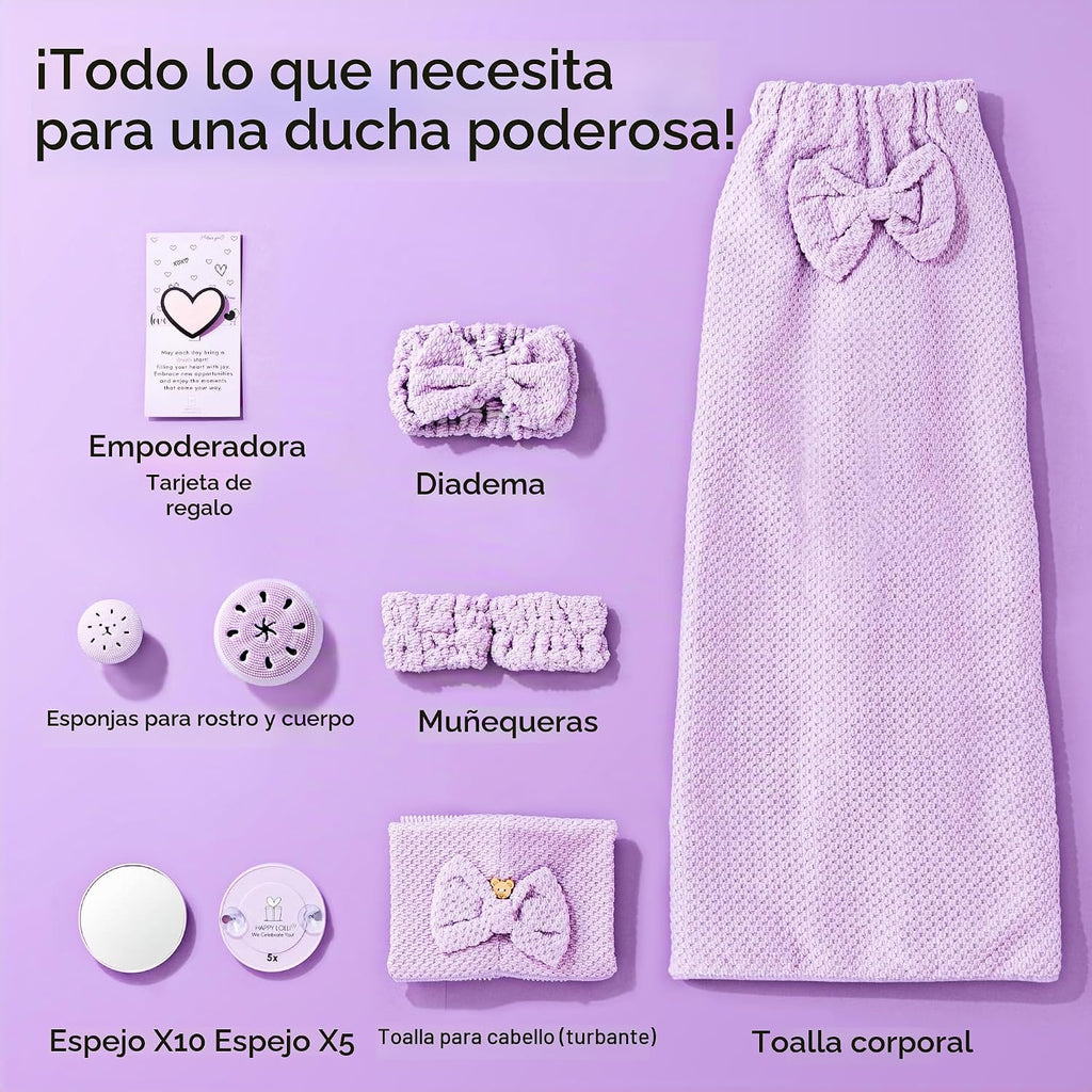 Juego de ducha eléctrica: accesorios de baño de lujo para mujeres y niñas, incluye toalla para el cuerpo y el cabello, muñequeras, diadema, esponja facial y más, potencia tu rutina (fresco