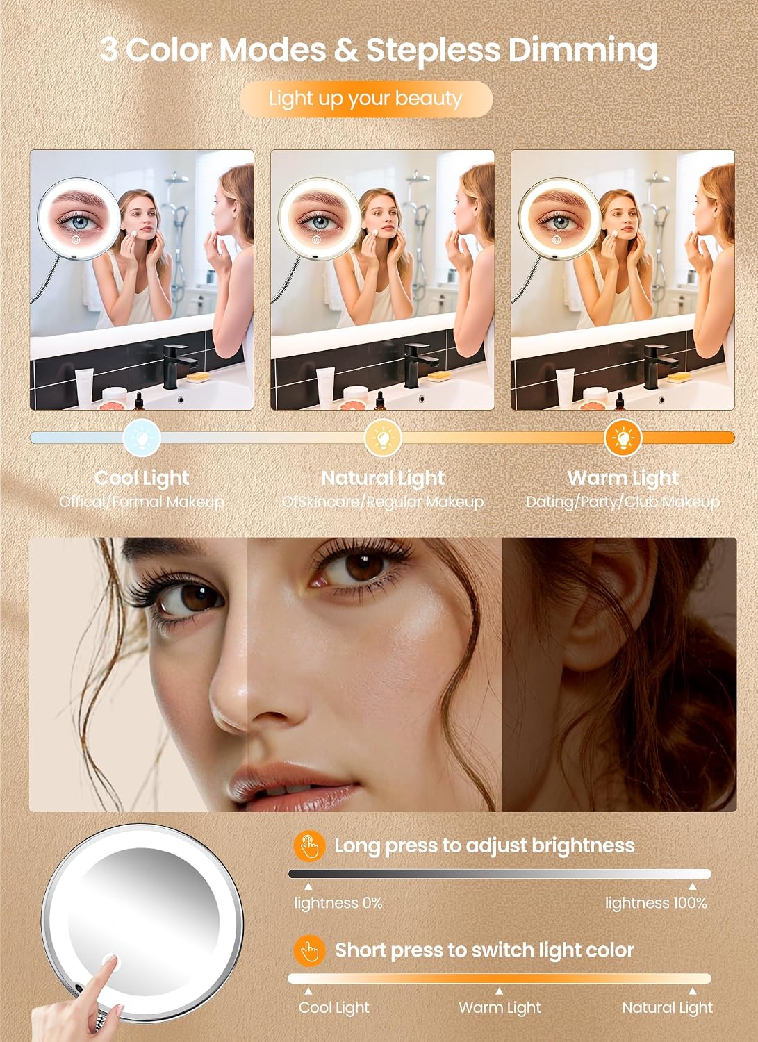 10 espejos de maquillaje con luces, espejo de aumento flexible