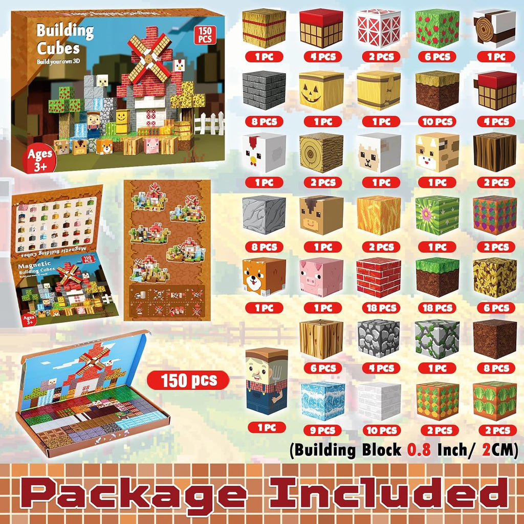 150 bloques magnéticos, bloques de construcción magnéticos de animales de granja, cubos magnéticos apilables para niños, juguete de construcción magnético para niños y niñas, juguete sensorial STEM Montessori para edades de 3 a 12 años, regalo de cumpleañ