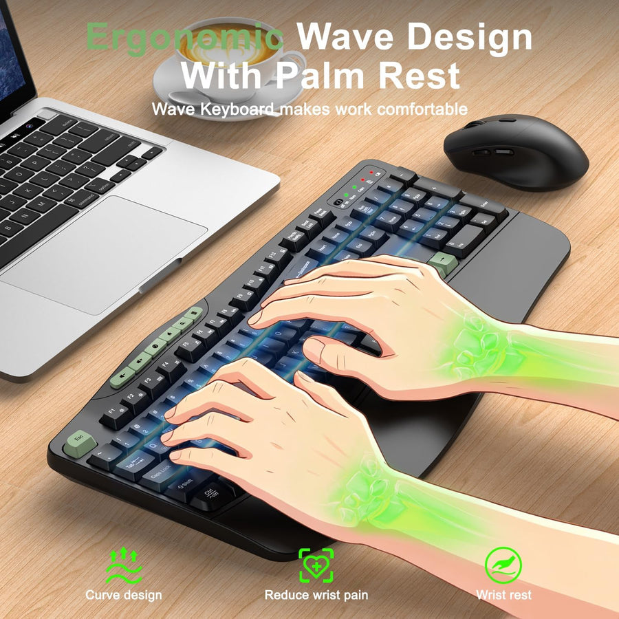 Combo de teclado y mouse inalámbricos, teclado ergonómico con 6 tec...