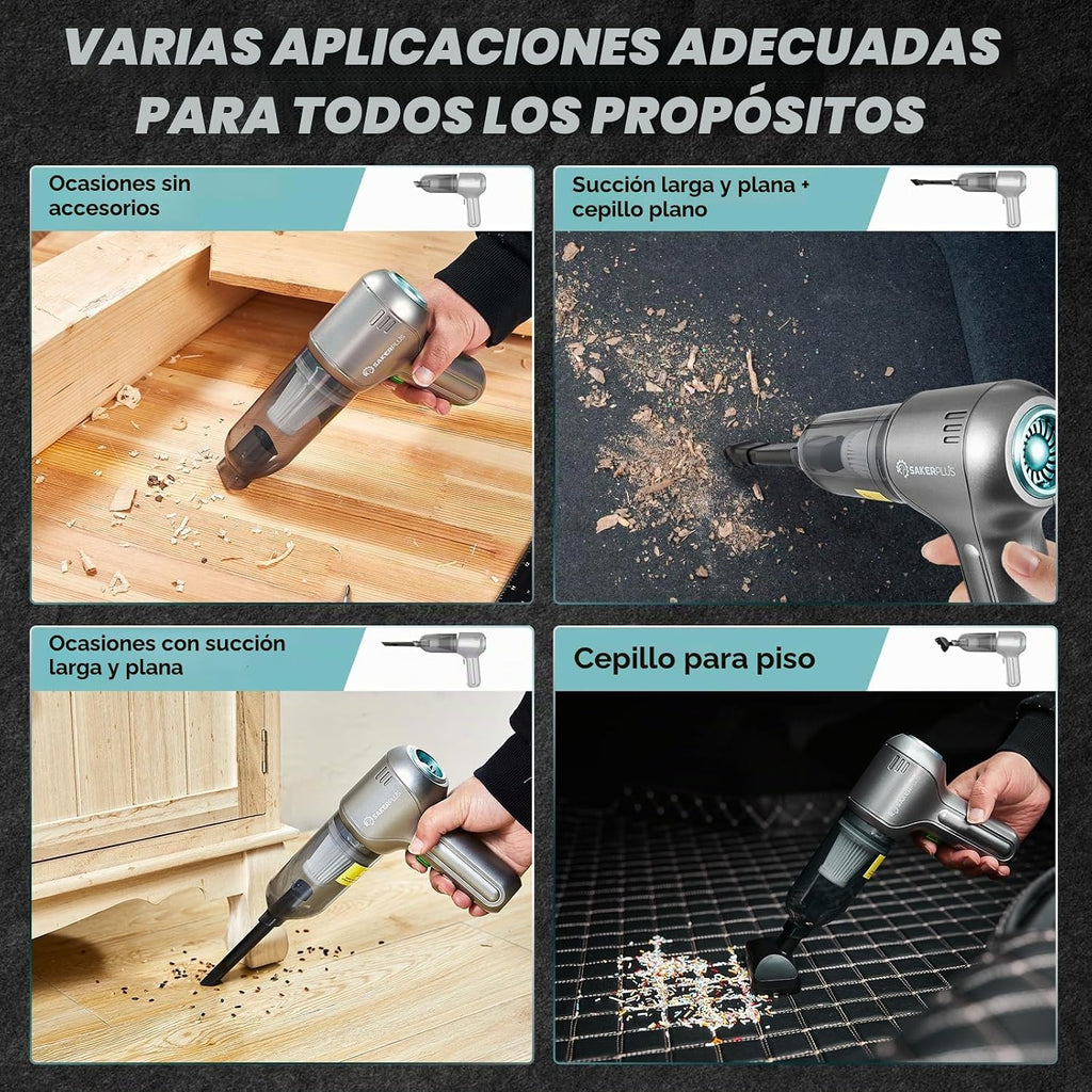 Aspiradora de Coche SakerPlus - Aspiradora de Mano Inalámbrica para Coches con Mejor Succión, Motor Sin Escobillas 12000PA de Máxima Potencia, Mini Aspiradora Portátil 3 en 1 Inalámbrica para Hogar