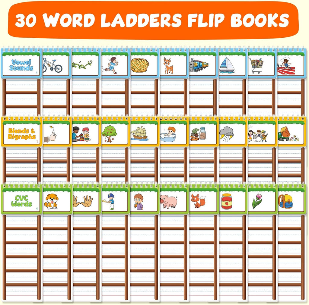 Libros con tapa de escalera de 30 palabras, tarjetas flash fonéticas, escaleras de palabras, libro de construcción familiar de palabras, palabras a la vista, juegos de ortografía, libros de fonética para niños, aula, escuela, preescolar, actividades de ap
