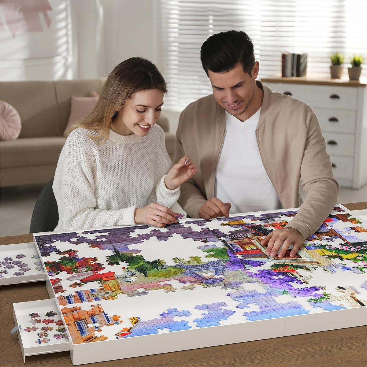 Juego de rompecabezas de 1500 piezas con cajones y tapa, tabla portátil para rompecabezas de 35" x 27", para adultos, mesas de rompecabezas con cajones