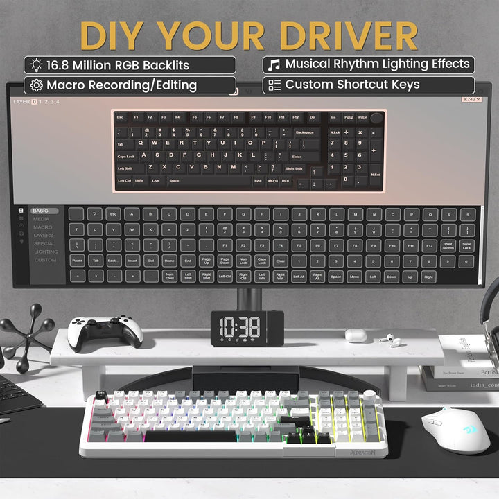 Redragon K742 Teclado mecánico inalámbrico para juegos con perilla,...