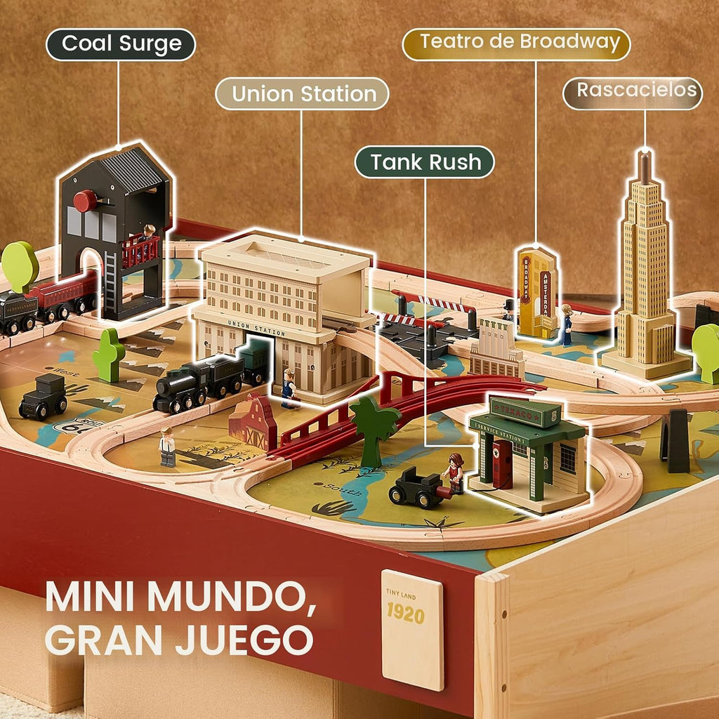 Tiny Land - Mesa de tren grande de madera (47.9 x 35.2 pulgadas) con juego de tren de 104 piezas