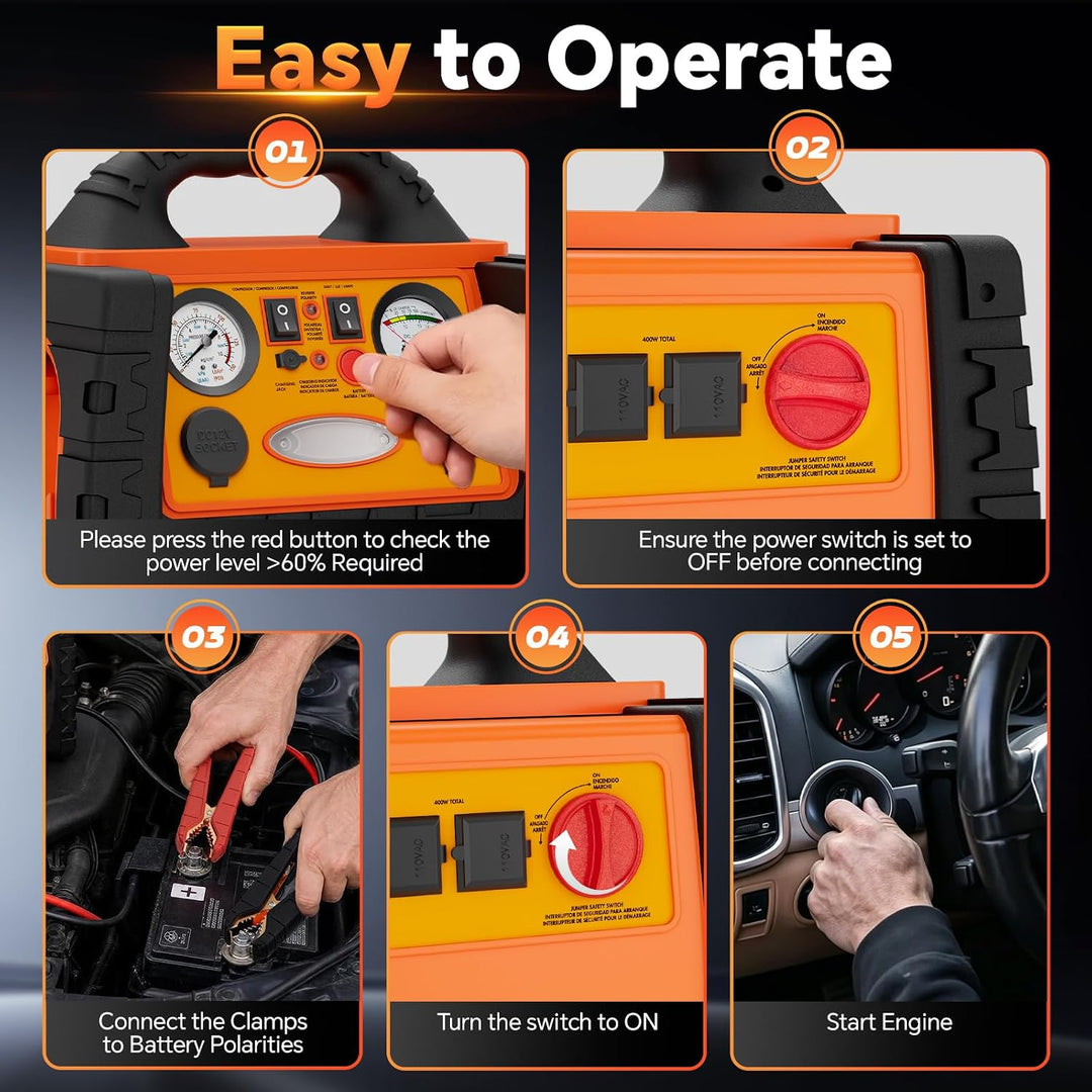 Arrancador portátil con compresor de aire, batería FlyAuto 2200A Bo...