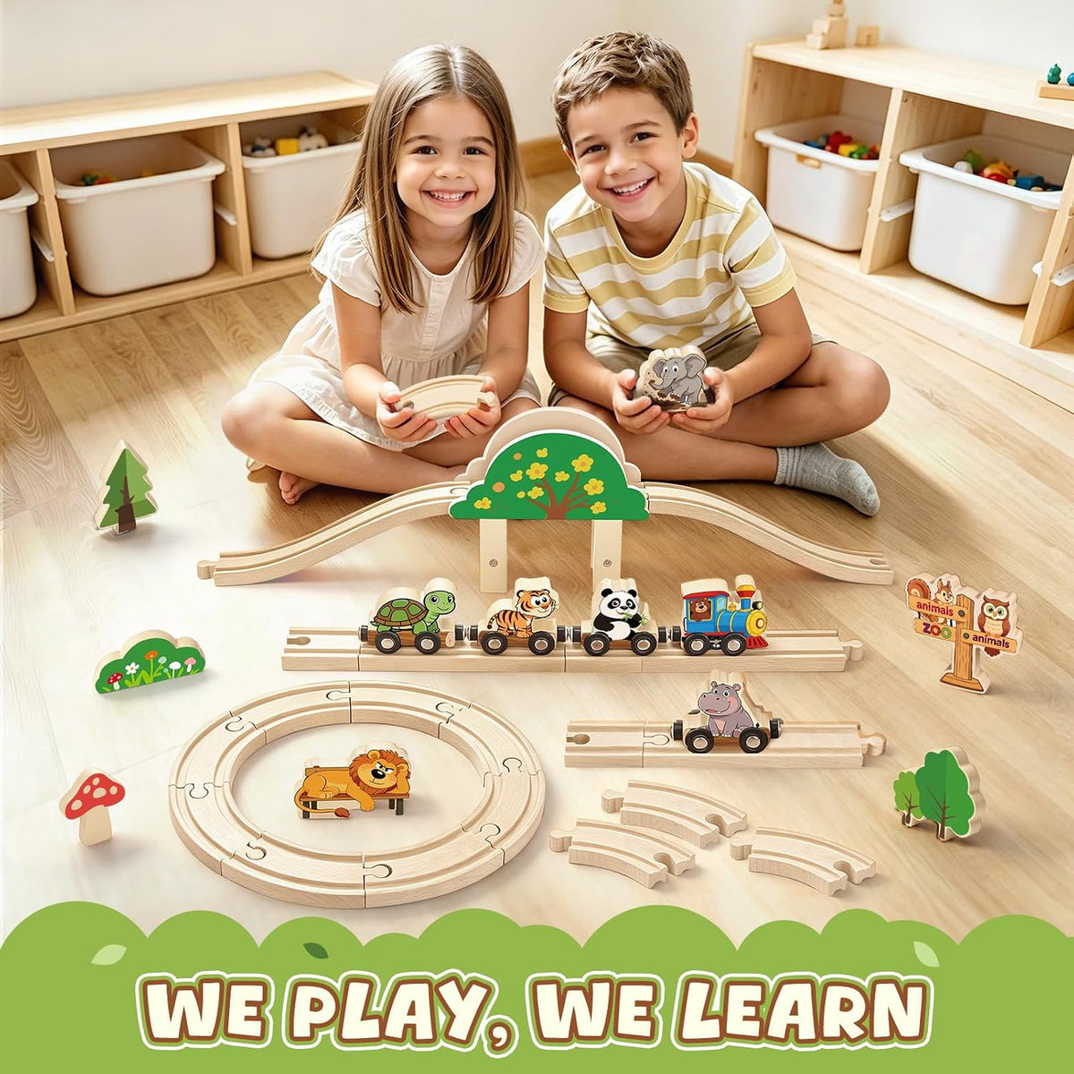 BeAndge Juego de tren de madera de animales, juego de pista de tren para