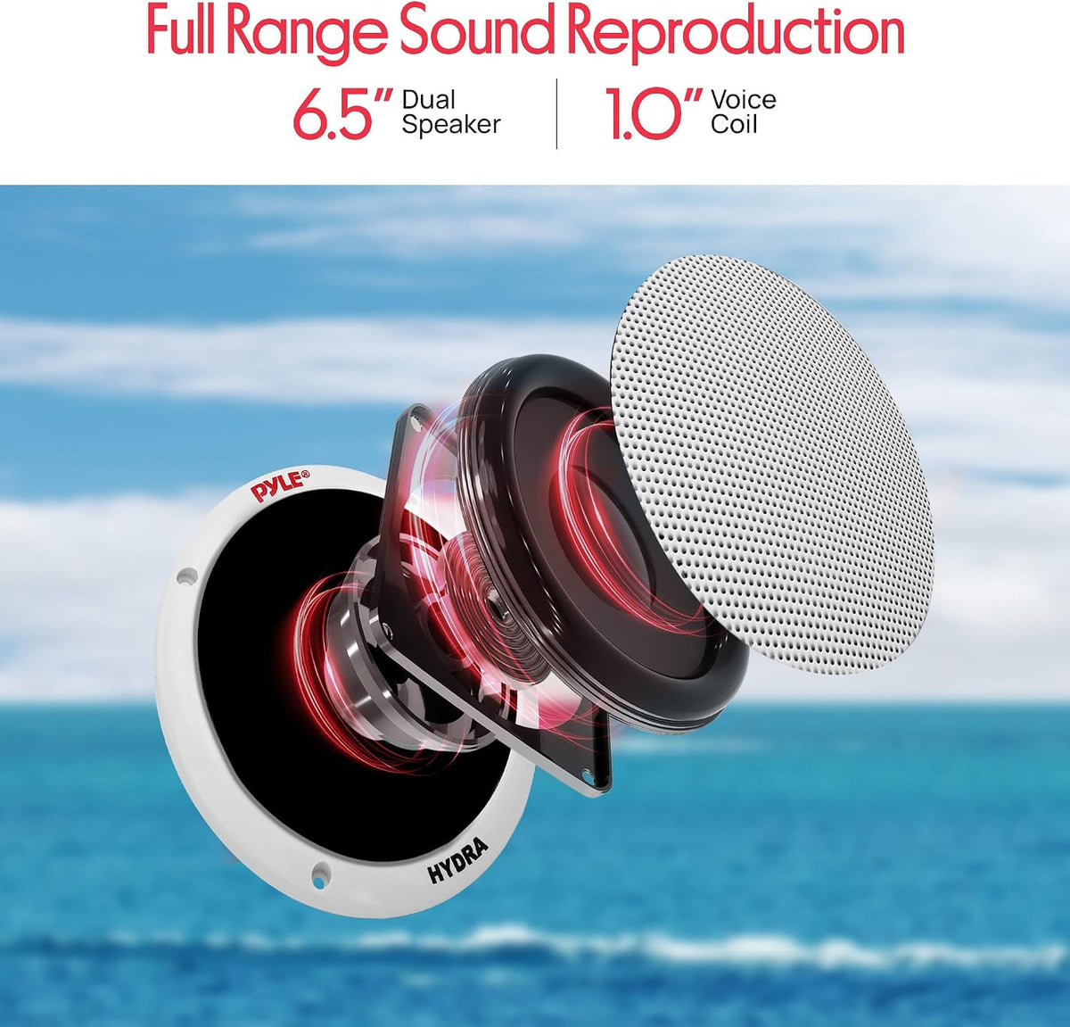 Pyle Altavoces marinos duales de 6.5 pulgadas, sistema de sonido estéreo de 2 vías, impermeable y resistente a la intemperie, con 400 vatios de potencia, cono de polipropileno y envolvente de goma de