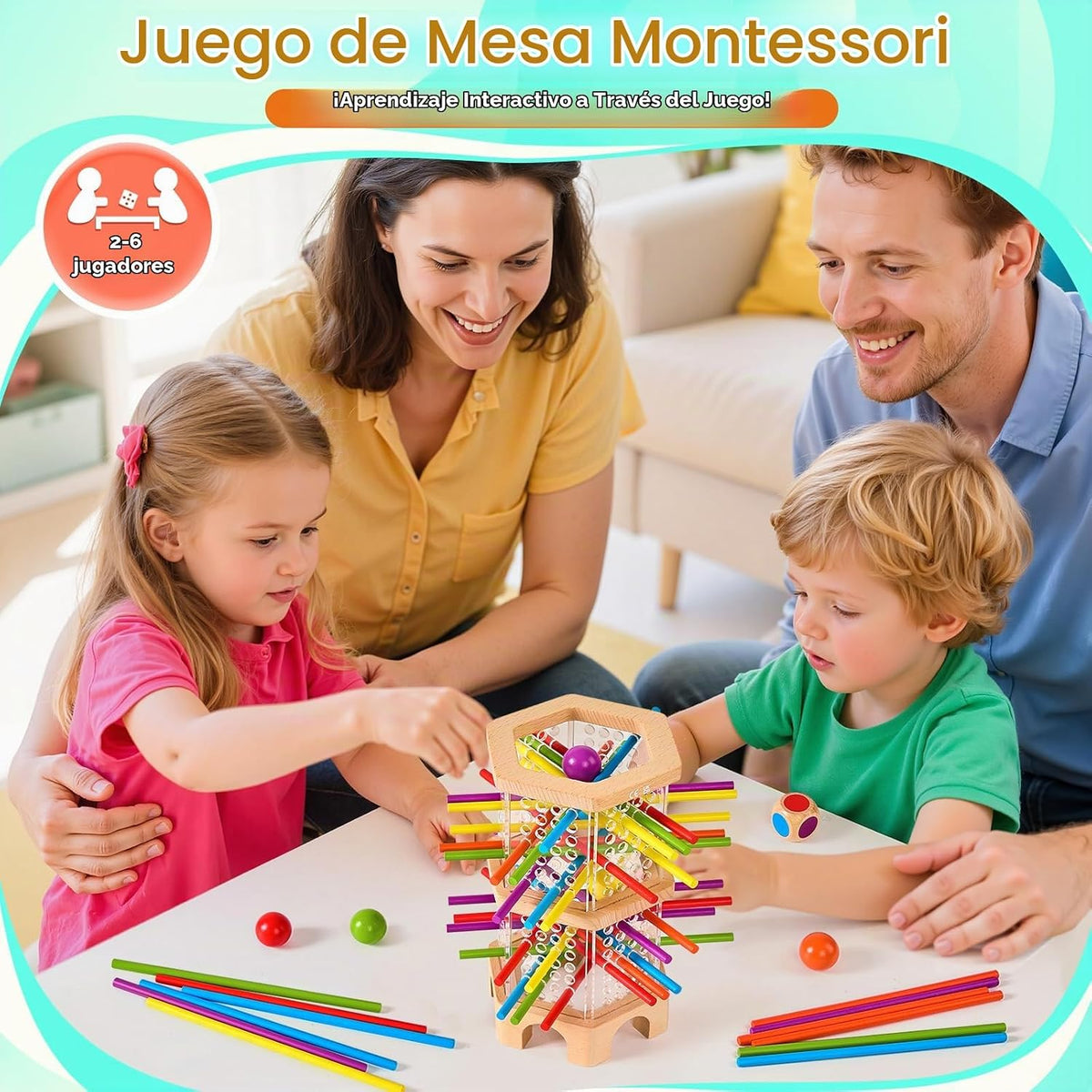 Montessori - Juego de mesa de madera con 42 palos y dados para niños de 3 a 6 años