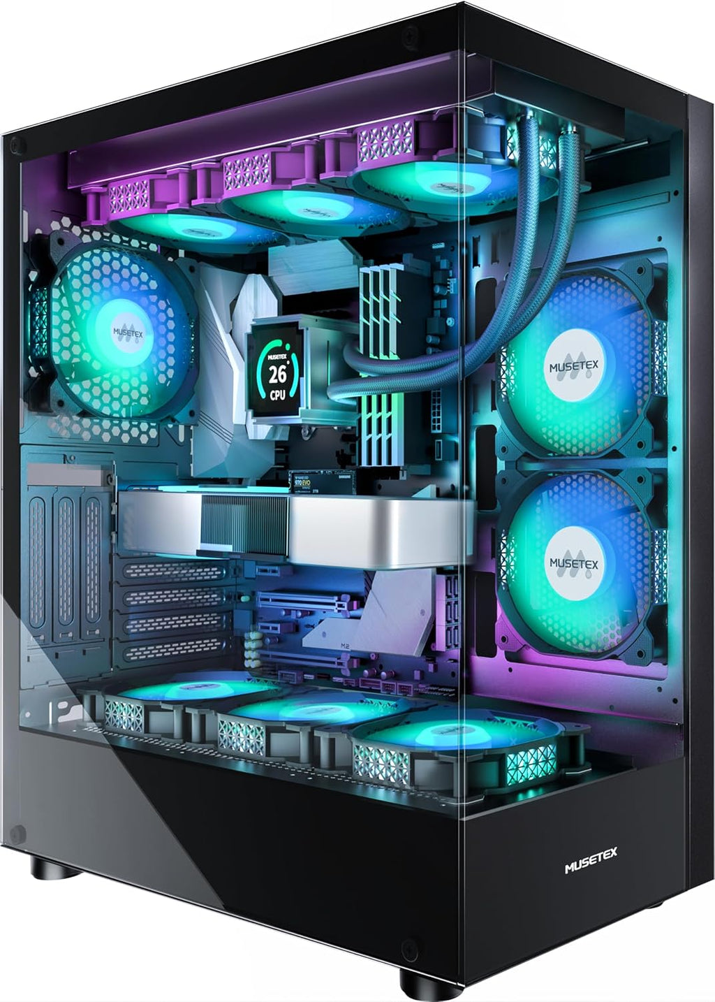 MUSETEX Chasis para PC ATX 6 Ventiladores PWM, 16.57 pulgadasD x 9.06 pulgadasW x 18.05 pulgadasH
