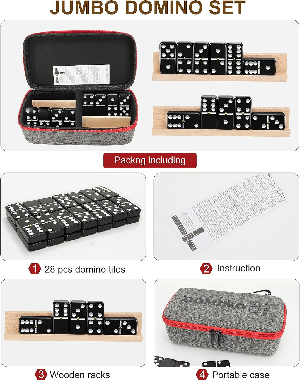 KAILE Juego de dominó doble jumbo de 6 con estuche portátil y 4 estantes de madera | 28 azulejos grandes para adultos y familias | Juegos de viaje y mesa para 2-4 jugadores