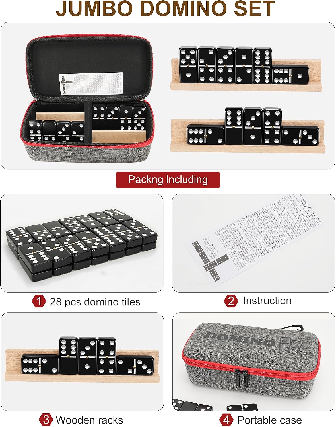KAILE Juego de dominó doble jumbo de 6 con estuche portátil y 4 estantes de madera | 28 azulejos grandes para adultos y familias | Juegos de viaje y mesa para 2-4 jugadores