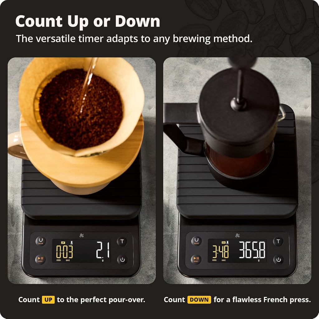 Greater Goods Báscula de café con temporizador, precisión de 0.004 oz para