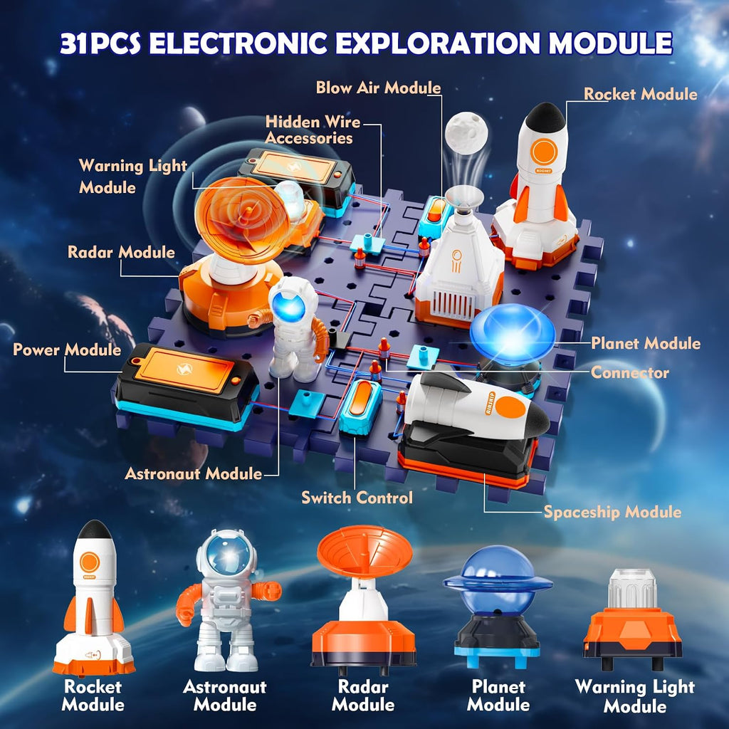 VATOS Kits de circuito de ciencia espacial para niños – Kit STEM de exploración electrónica de 31 piezas con más de 100 proyectos, lanzacohetes y astronauta iluminado | Juguete educativo de aprendizaje regalo para niños y niñas a partir de 6 años