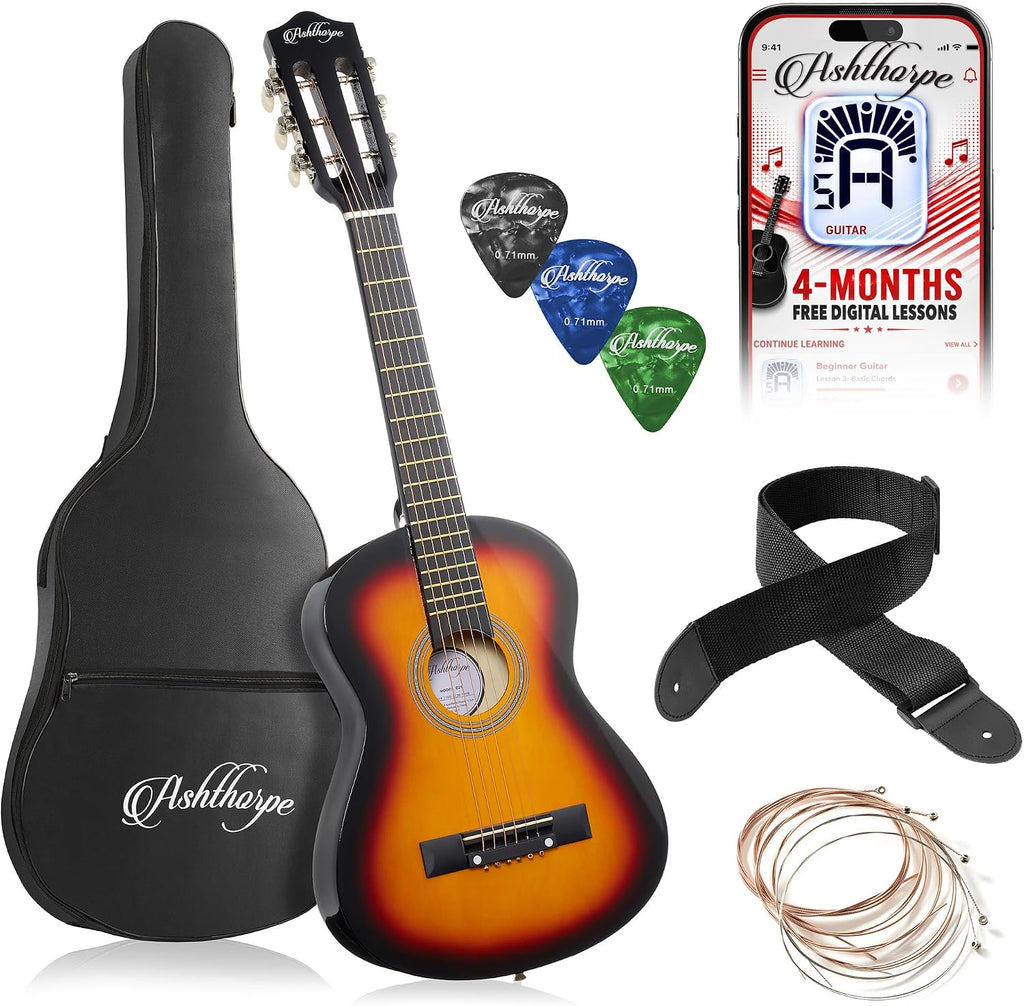 Ashthorpe Guitarra acústica infantil de 30 pulgadas (Sunburst), kit de inicio para principiantes con bolsa de concierto, cuerdas adicionales, correa, púas y lecciones