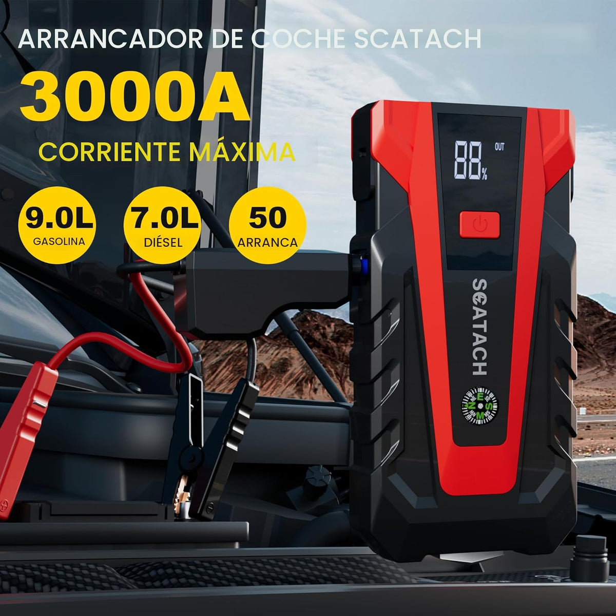 Scatach Arrancador de batería de coche de 3000 A, batería de arranque de 12 V portátil (hasta 9.0 L de gasolina y motor diesel de 7.0 L), caja de salto con 3 modos de linterna y cables de puente