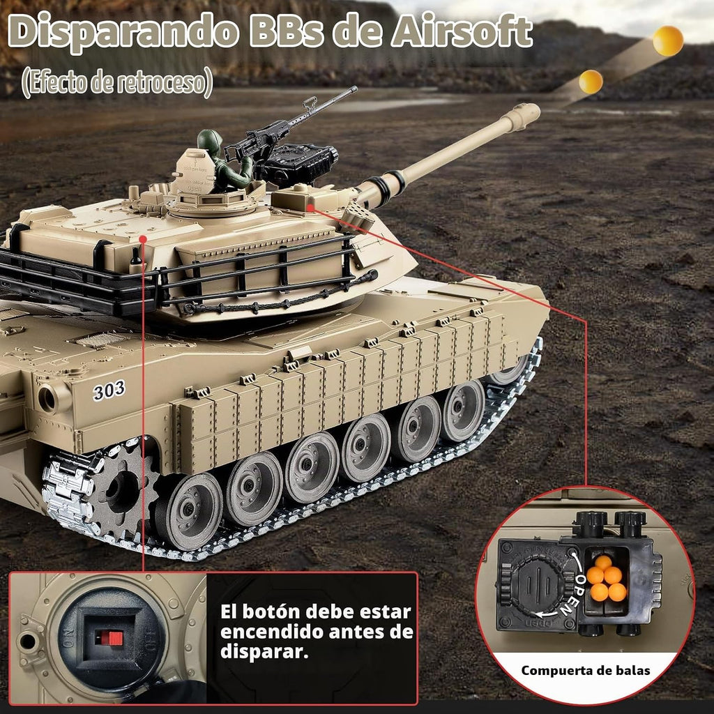1:18 RC Tank que dispara BBS, 2.4G Metal M1A2 Abrams modelo de tanque de control remoto, juguete militar con humo, luces, sonido y retroceso, vehículo militar RC para más de 8 años