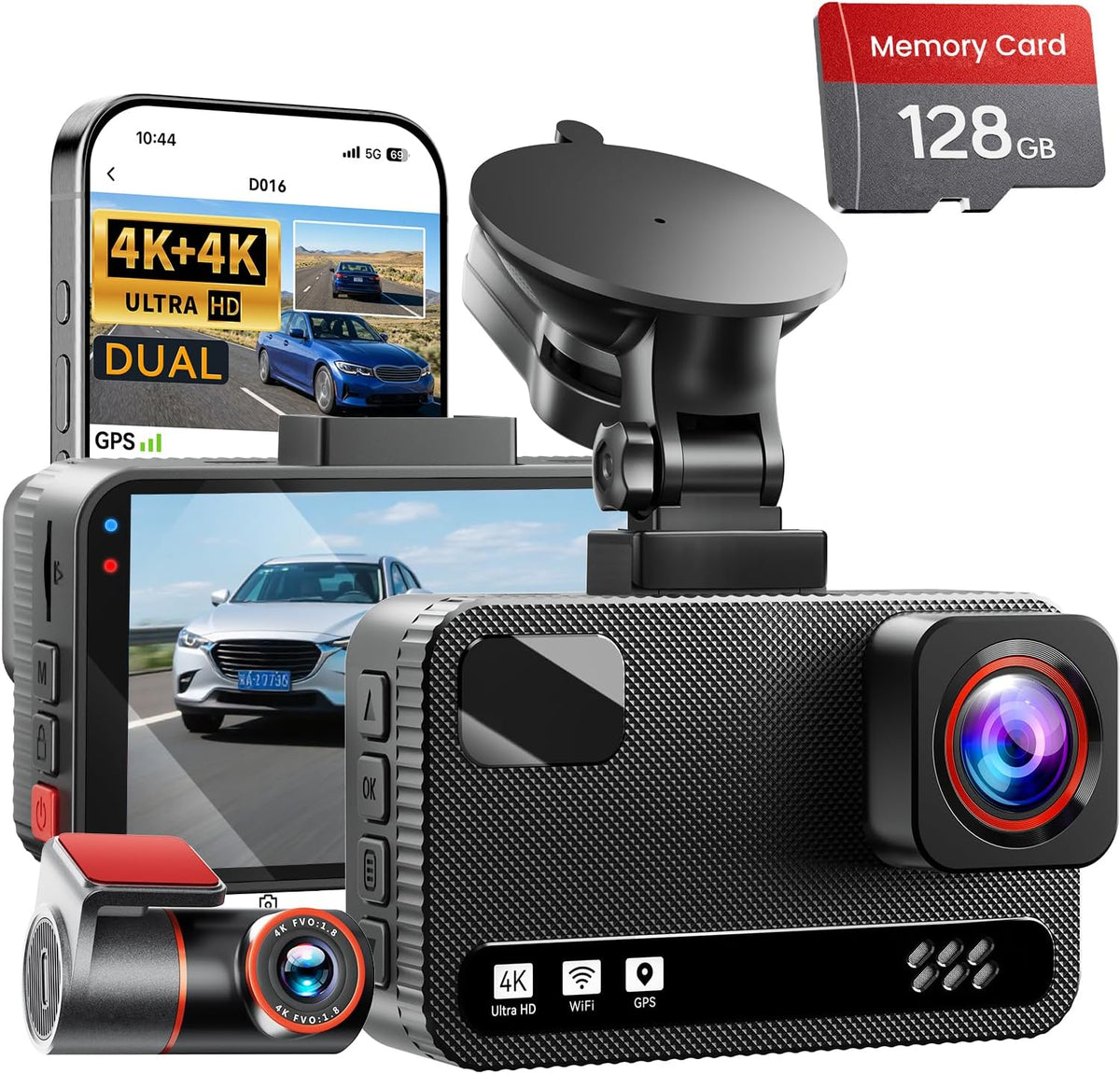 4K+4K Dash Cam Dual Frontal y Trasera, Tarjeta de 128GB gratis, Visión Nocturna Estelar