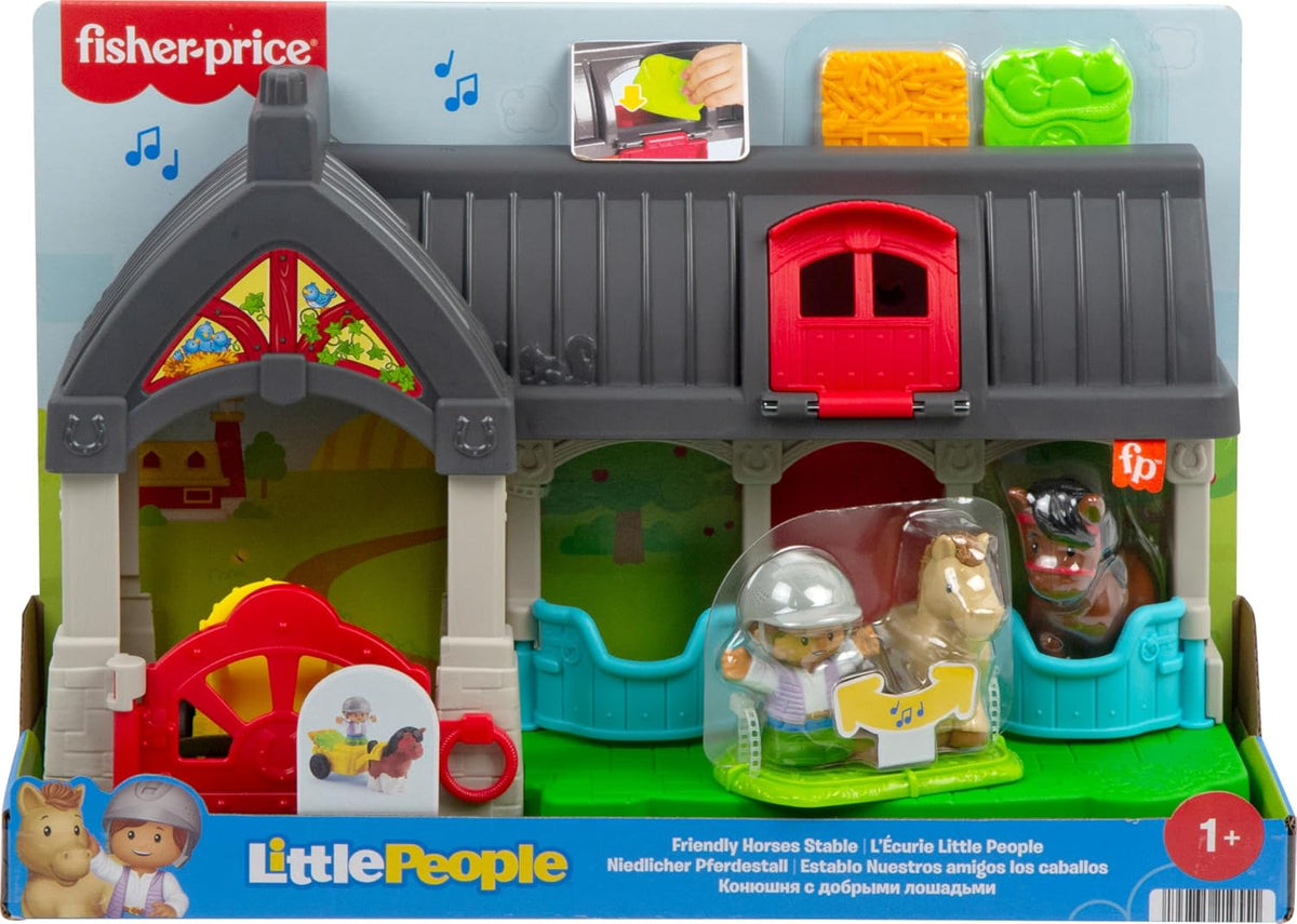 Fisher-Price Little People juego de juguetes para niños pequeños con caballos amistosos, establo con sonidos, figuras y accesorios para niños de 1+ años