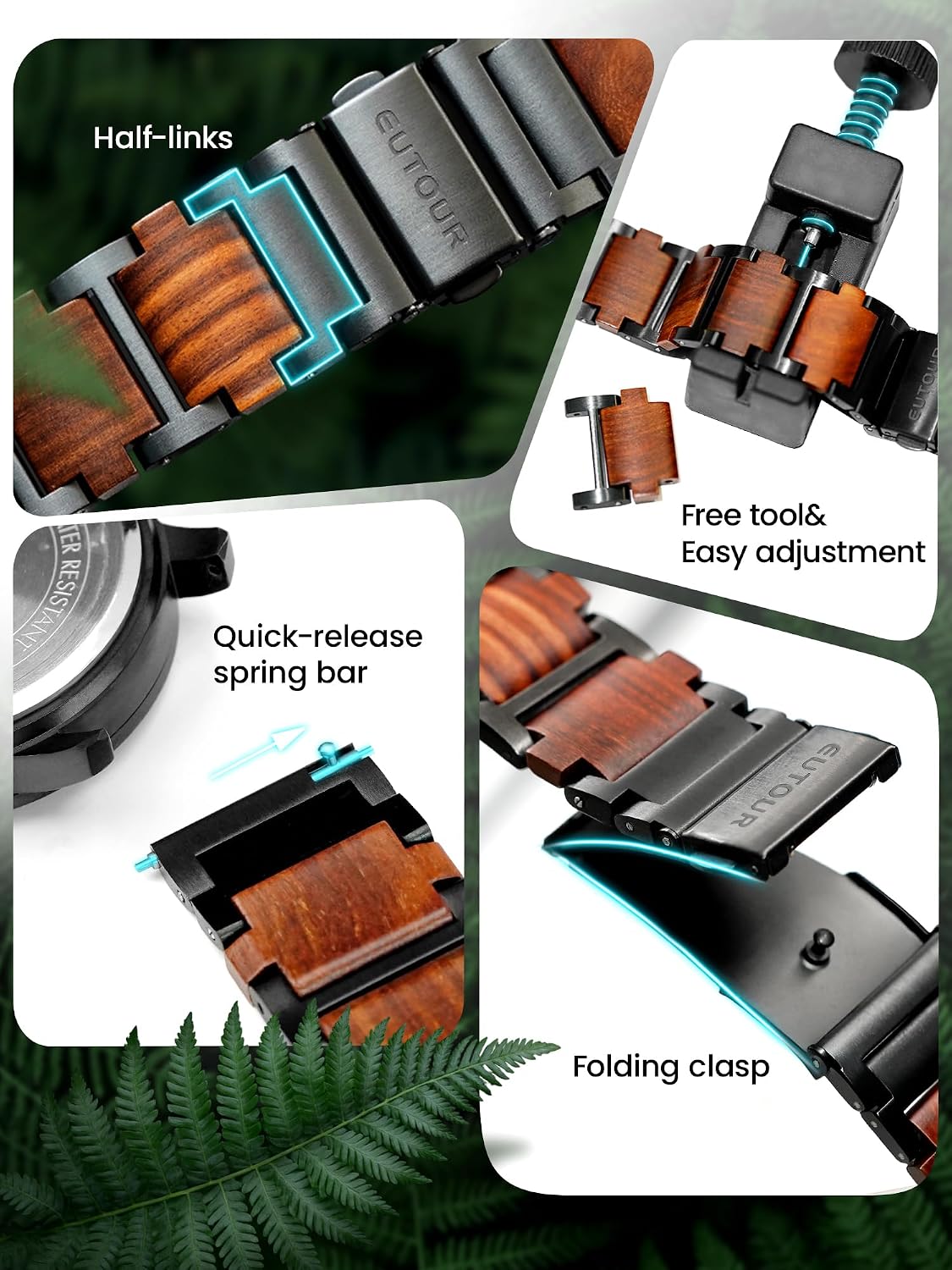 EUTOUR Reloj de Madera para Hombre Magnético con Movimiento Suizo QTZ Dial de Cuentas Flotantes 40mm