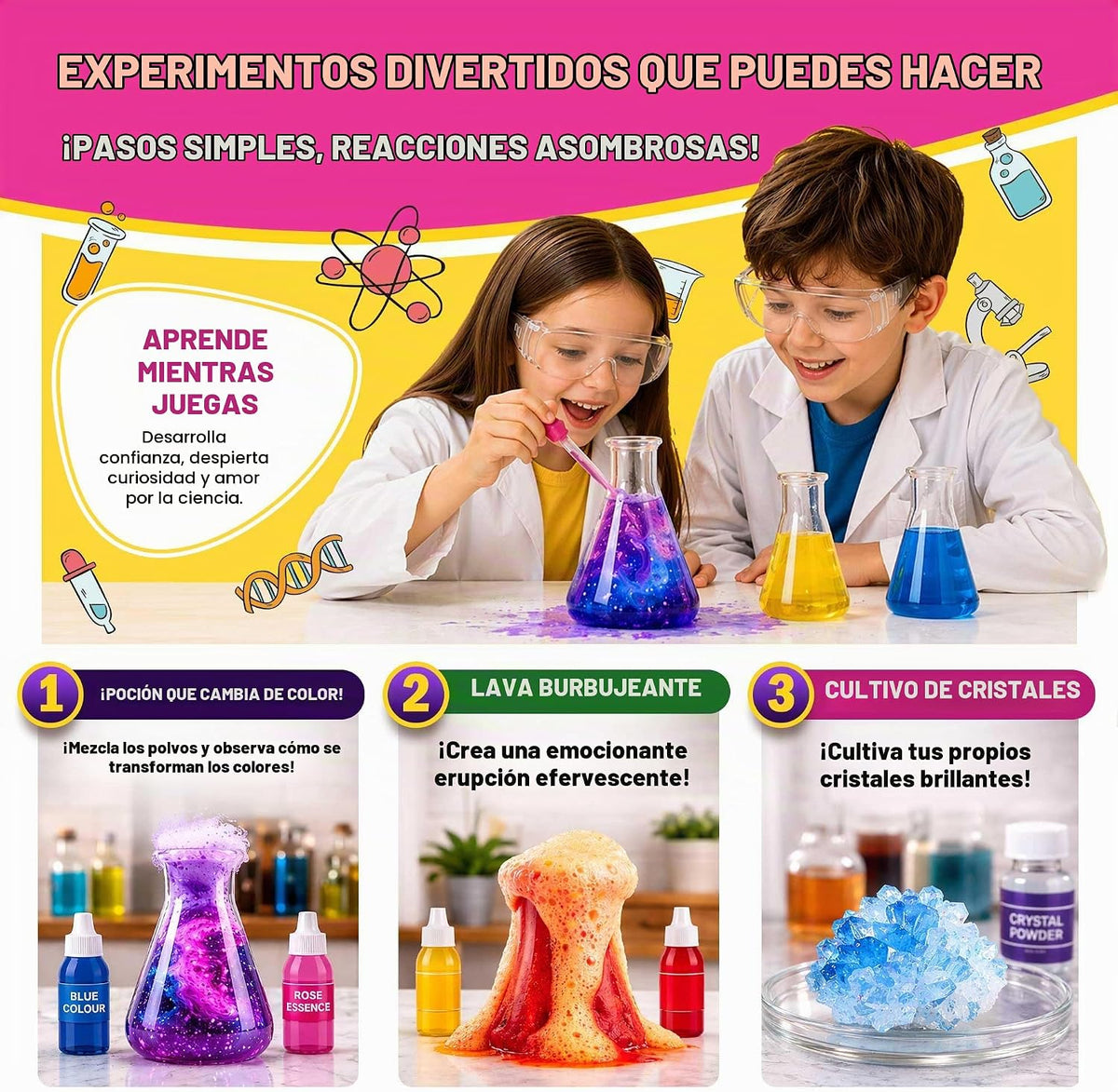 Jim & Gloria Kit de ciencia para niños, experimentos científicos para niños de 5 a 7 y 8 a 12 años, juguete educativo STEM, juego de química con experimentos de volcán, regalo de cumpleaños para niños y niñas, actividad de aprendizaje práctica