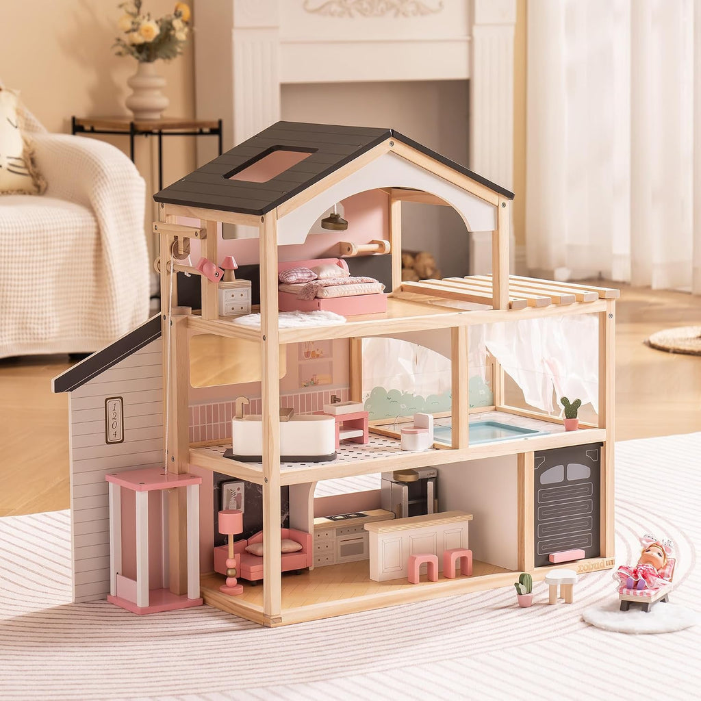 ROBUD Casa de Muñecas, Casa de Muñecas de Madera con 6 Habitaciones, Set de Muebles de 29 Piezas, Ascensor Funcional, Garaje, Piscina, Regalo Ideal para Niños de 3+ Años (Negro)